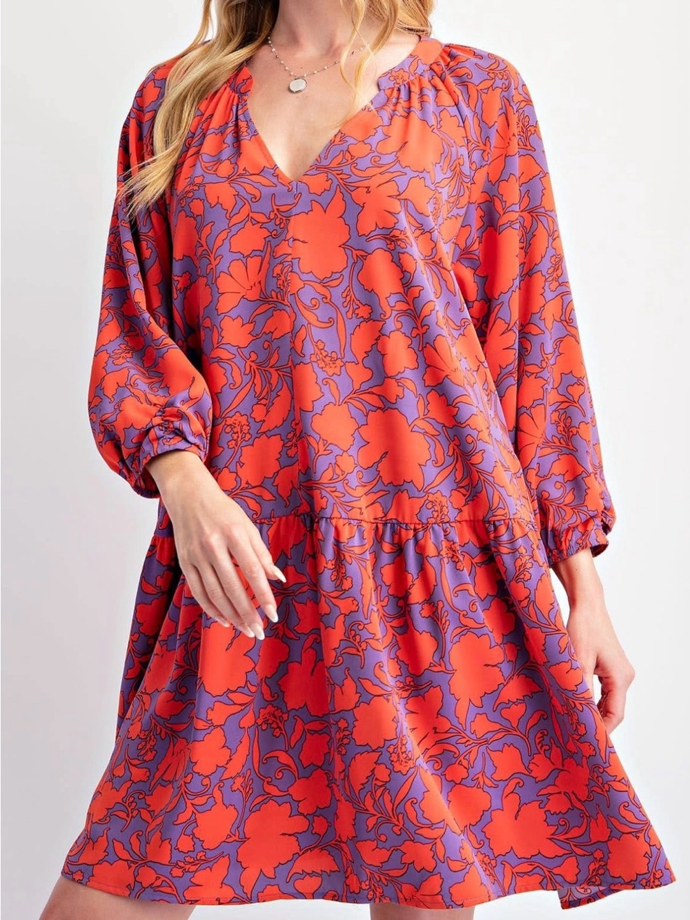 easel Orange and Purple Floral V-Neck Mini Dress